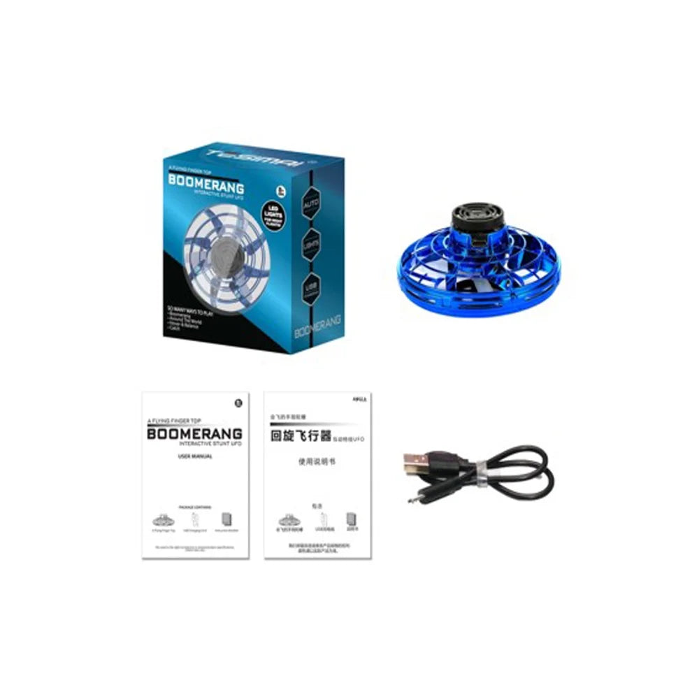 Blue Flying Spinner Mini UFO Drone - Hand Operated Fidget Spinner Toy with 360° Rotation & LED Lights for Kids and Adults