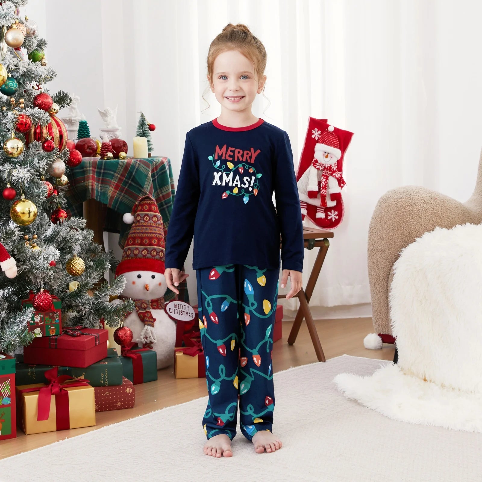 Kids Christmas Pajamas Family Matching Pjs Set Christmas Lights Top and Pant Gift for Girls Boys Sleepwear with Socks, 2-Piece, Size 8-9Y