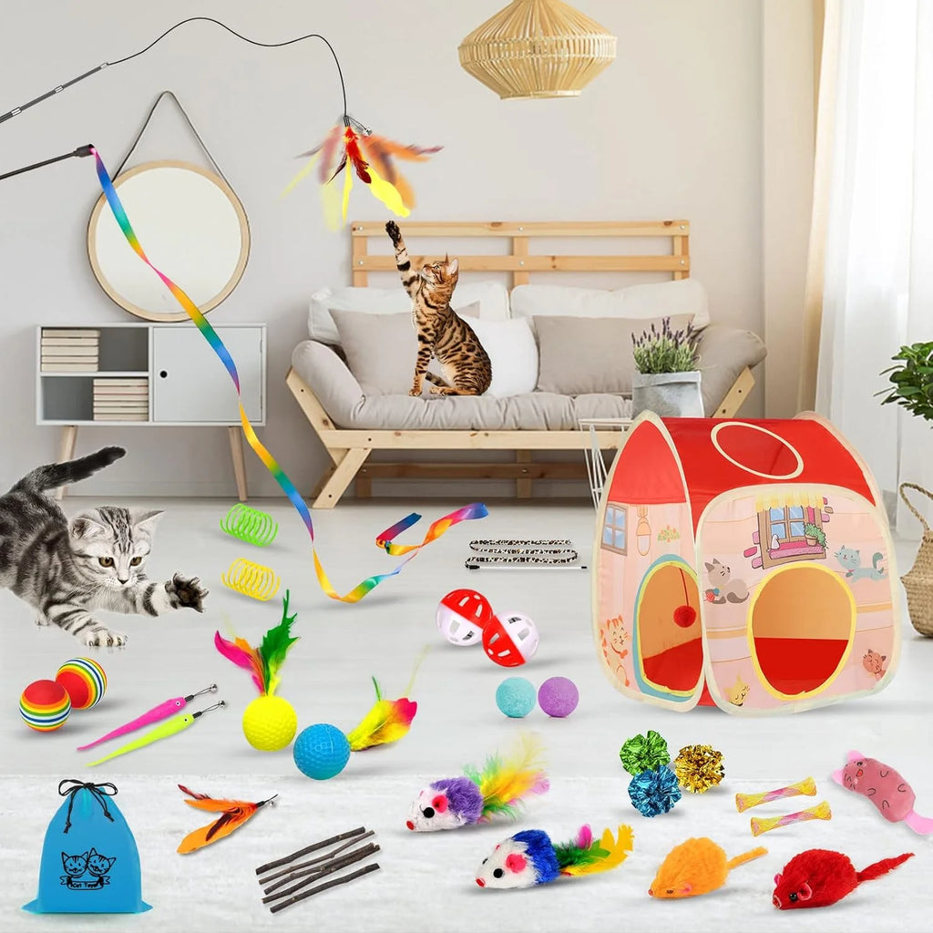 Ultimate 34-Piece Cat Toy Set - Interactive Tunnels, Wands & Catnip Teasers for Endless Fun!