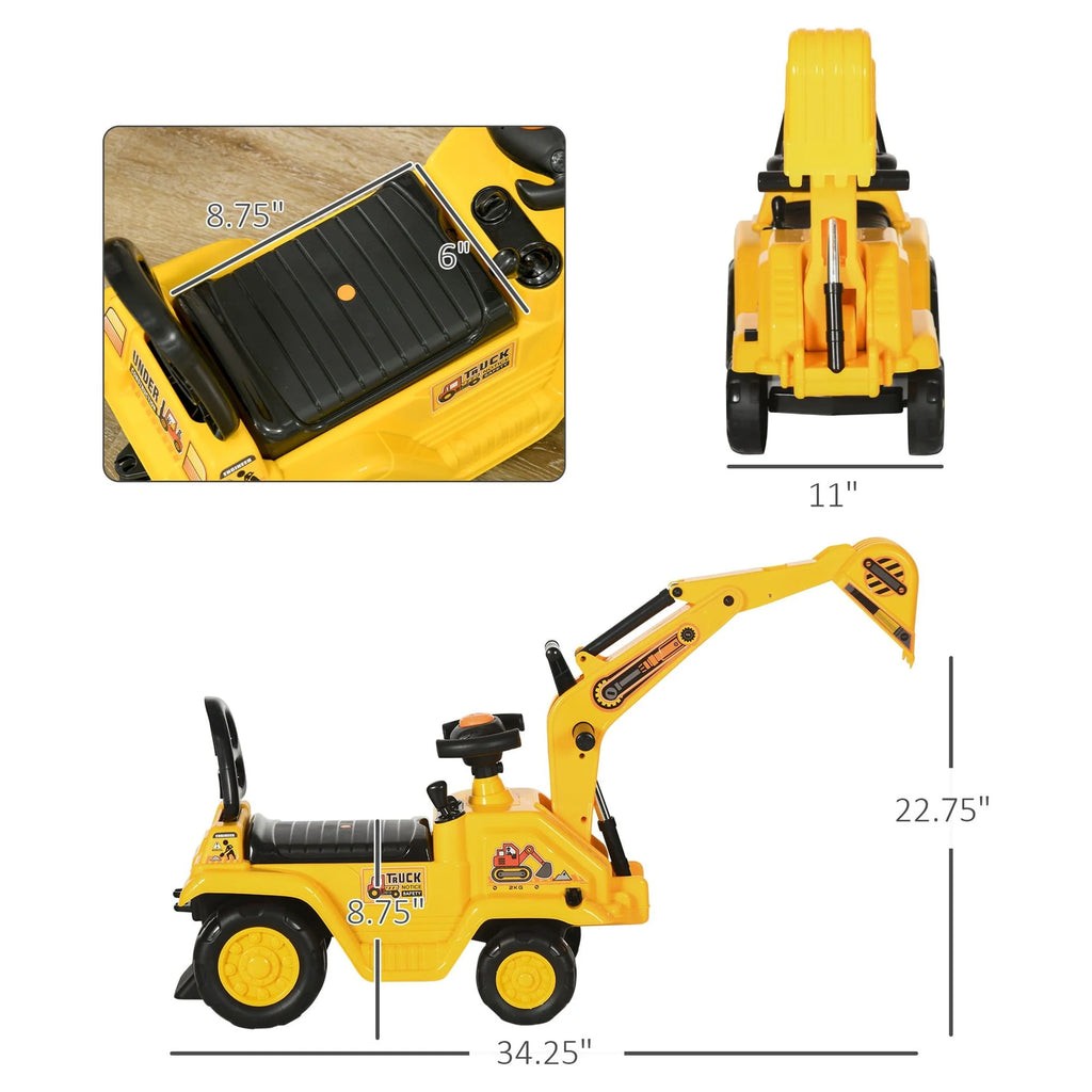 3-in-1 Ride-On Excavator Digger Scooter and Pulling Cart for Pretend Play Construction Activities