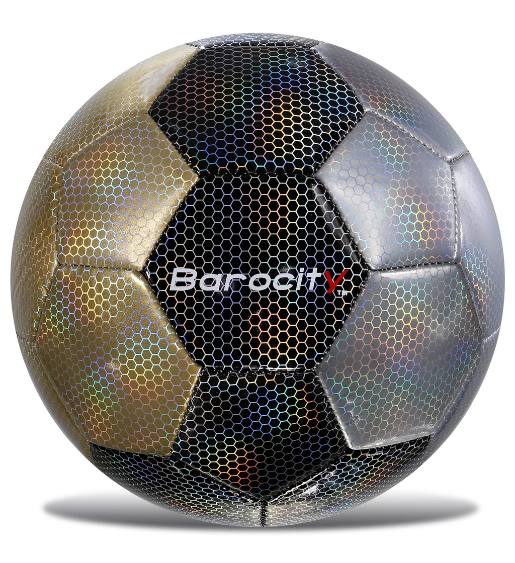 Barocity Premium Size 3 Soccer Ball - Silver, Black, Gold with Reflective Iridescent Rainbow Hex Pattern for Kids - Perfect for Indoor & Outdoor Play!
