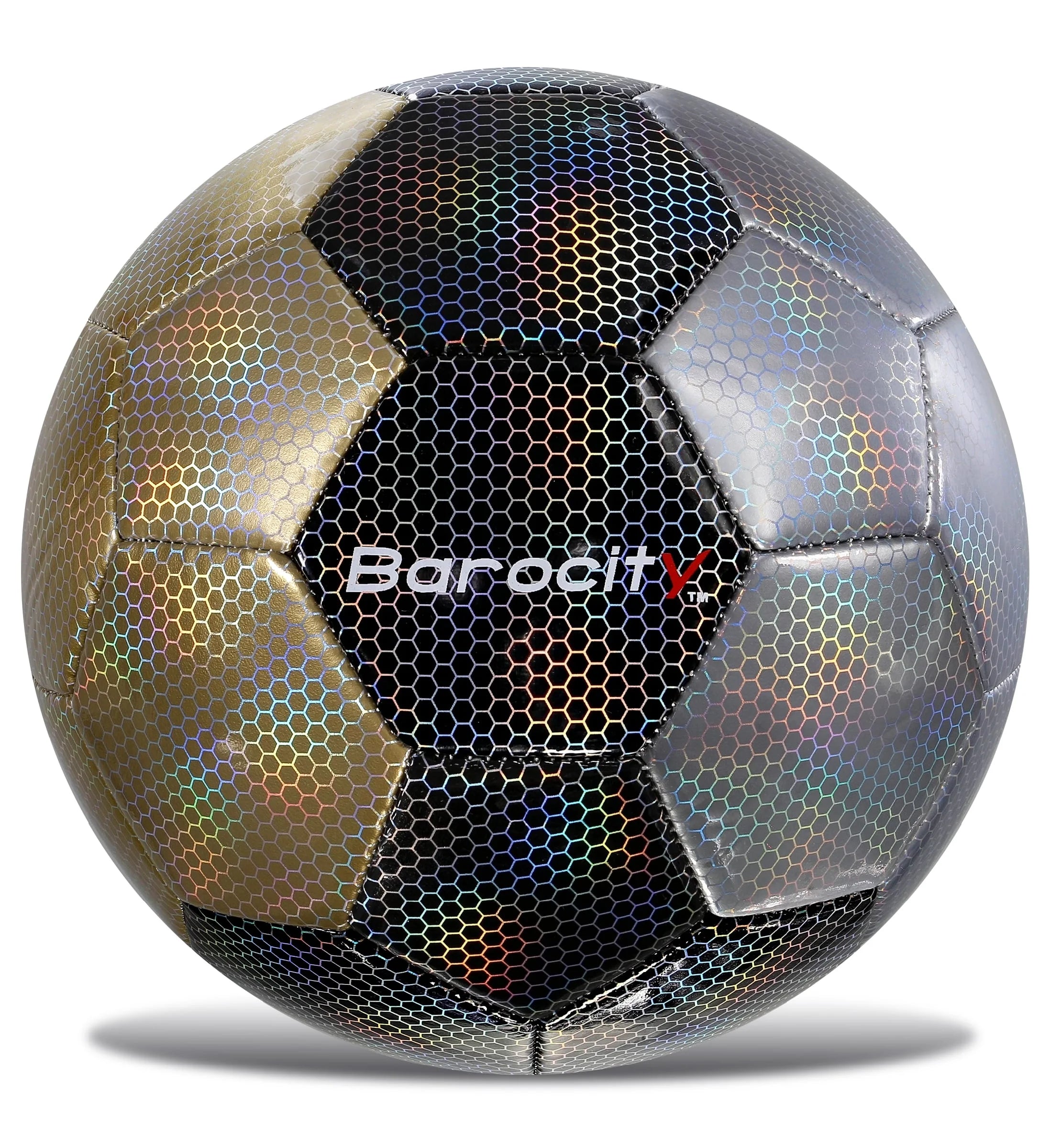 Barocity Premium Size 3 Soccer Ball - Silver, Black, Gold with Reflective Iridescent Rainbow Hex Pattern for Kids - Perfect for Indoor & Outdoor Play!