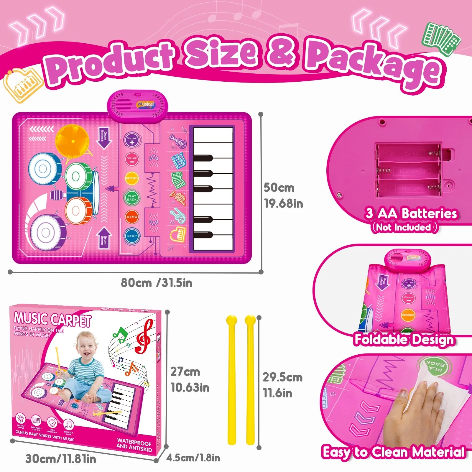 Interactive Musical Piano Mat for Babies - Perfect Gift for Girls Ages 1-4, Keyboard & Drum Sensory Play Mat