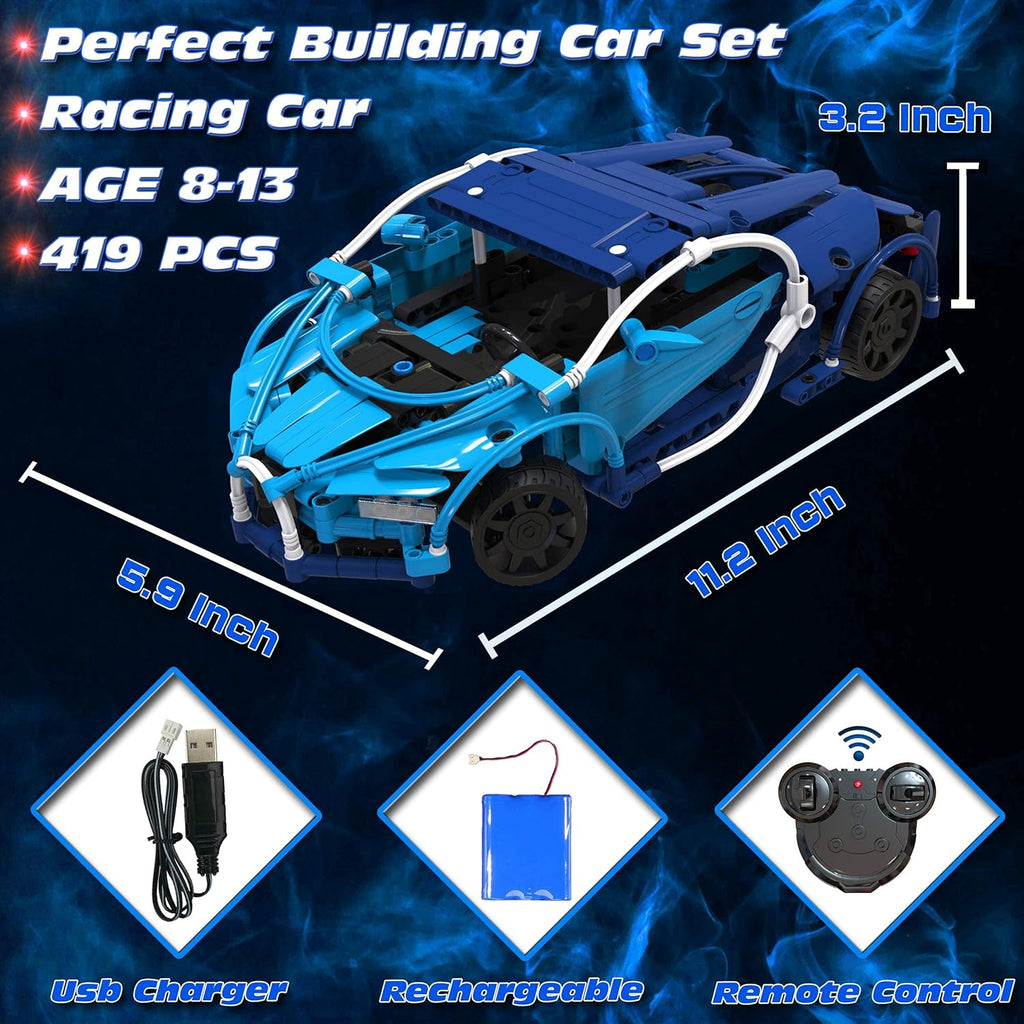 STEM Building Toy Set for Ages 8-12 - 419PCS Remote Control Car Kit for Kids and Adults - Ideal Model Car Construction Gift for Ages 9-12 (Blue)