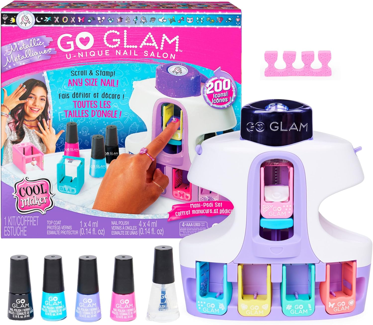 GO GLAM U-NIQUE METALLIC NAIL SALON SET: 200 ICONS AND DESIGNS, 4 POLISHES, STAMPER, AND DRYER 
