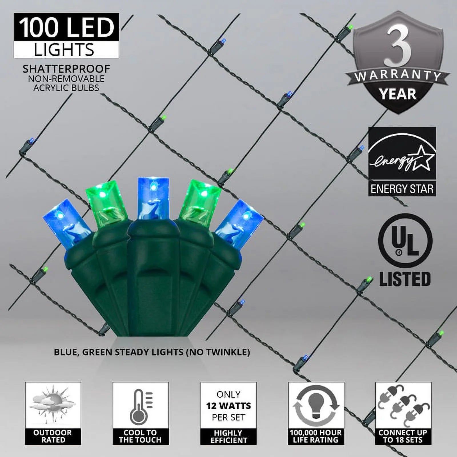 Blue/Green LED Net Lights Christmas Net Lights, 100 5Mm Lights, 4' X 6' Net, Energy Star Rated