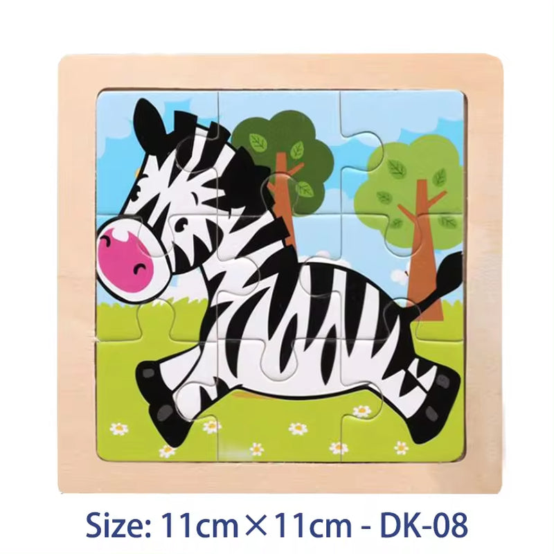 Colorful 11cm Wooden Jigsaw Puzzle for Kids - Fun Cartoon Animal & Vehicle Patterns - Montessori Educational Toy
