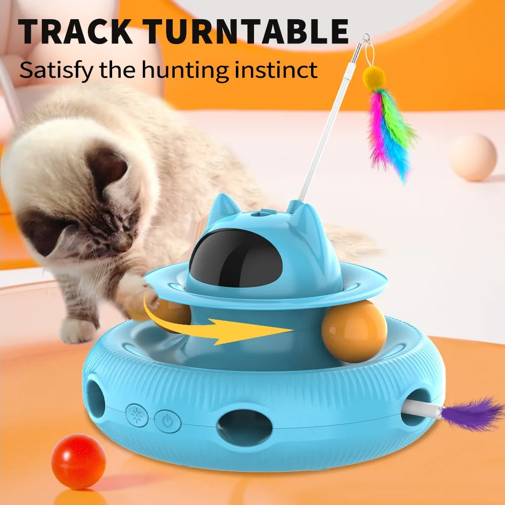 4-in-1 Interactive Indoor Cat Toy - Laser & Retractable Feather Wand, USB Rechargeable, Fun Blue Design