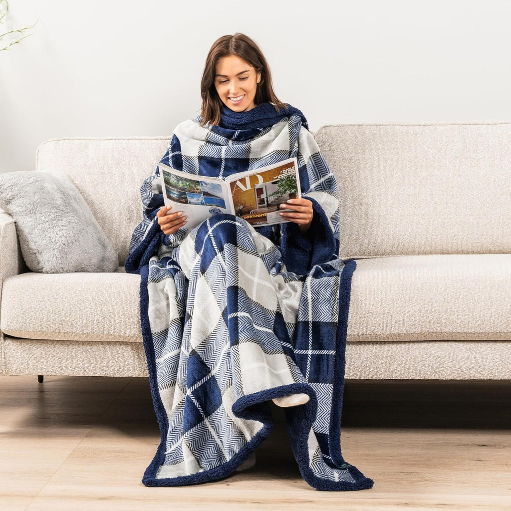 Cozy Sherpa Wearable Blanket with Sleeves & Pocket - Perfect Christmas Gift for Women & Men in Navy Blue Plaid
