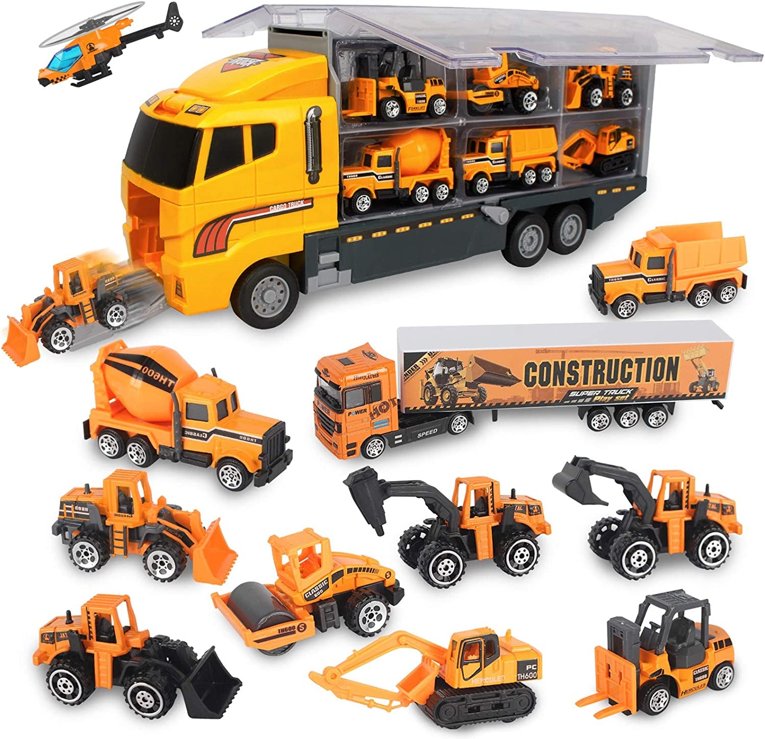 Construction Toy Truck Die-Cast Vehicle Transporter Set with Excavator, Dump Truck, Digger, and Backhoe for Children Aged 3-5 Years