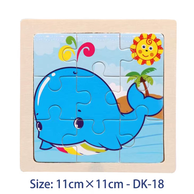 Colorful 11cm Wooden Jigsaw Puzzle for Kids - Fun Cartoon Animal & Vehicle Patterns - Montessori Educational Toy