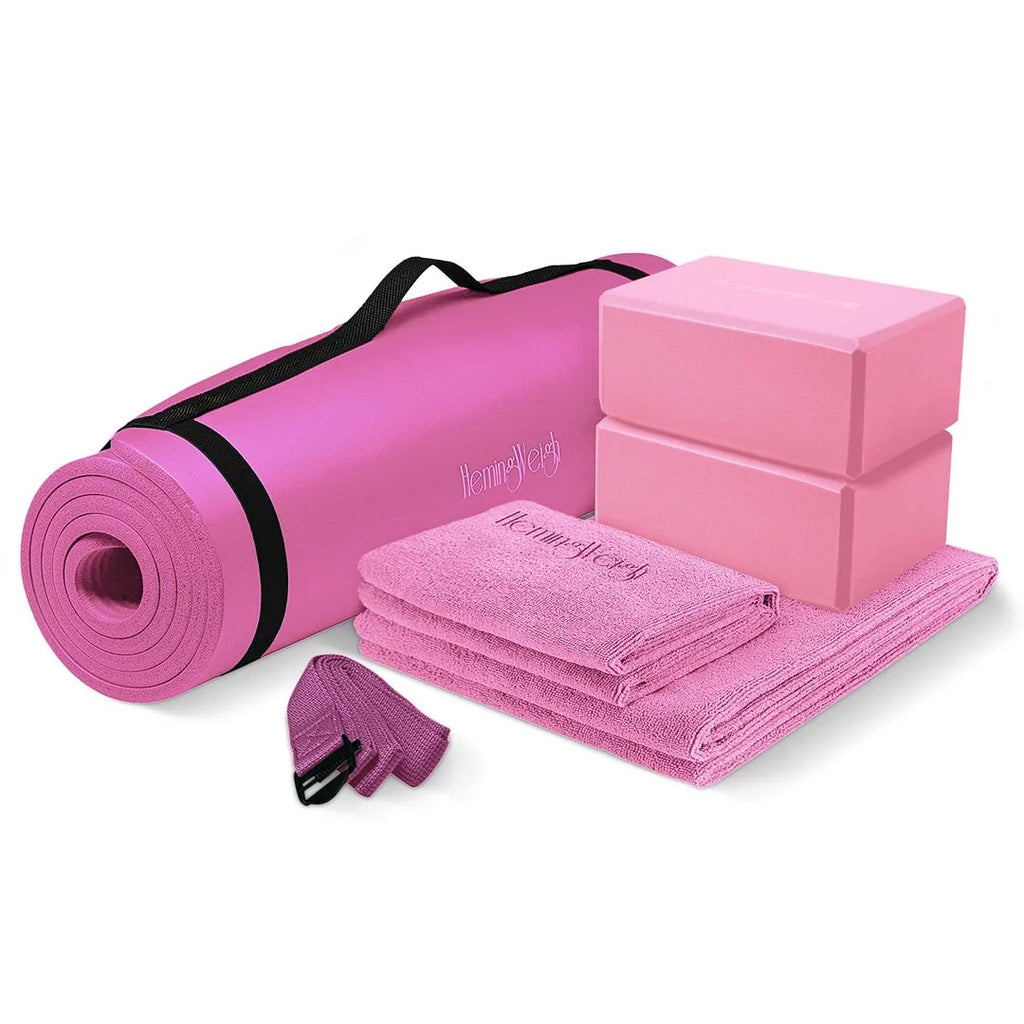 72" Non-Slip Yoga Mat Set with Blocks, Strap, and Towels - Stylish Pink Design