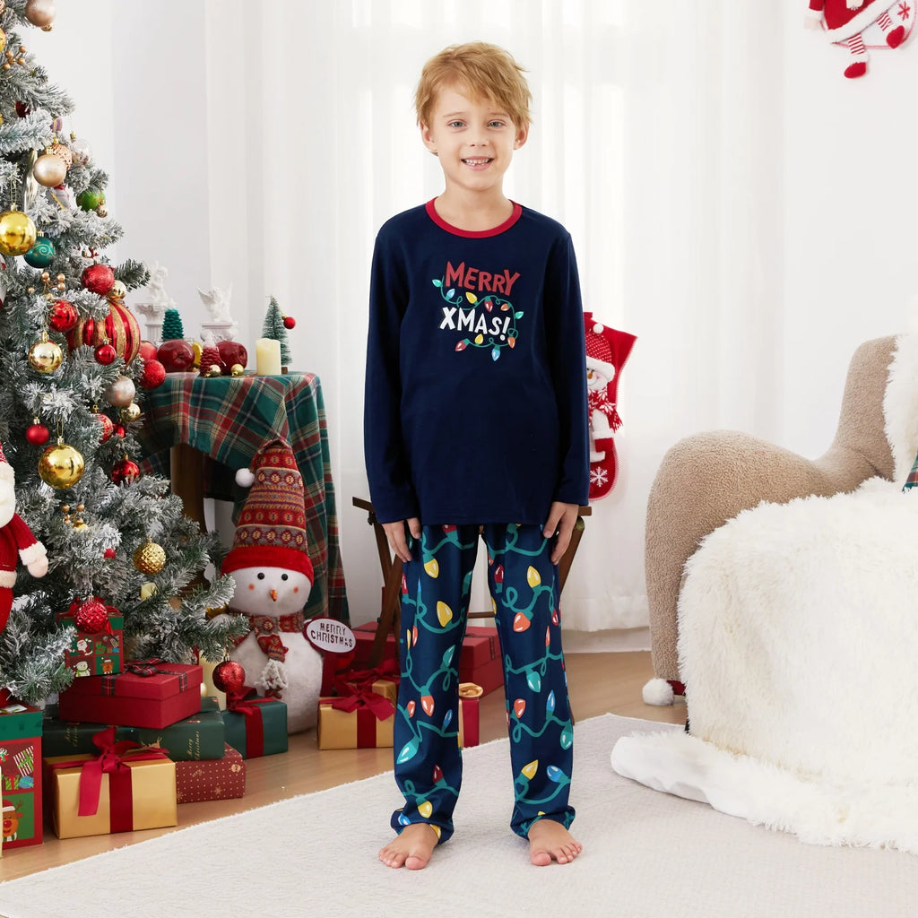 Kids Christmas Pajamas Family Matching Pjs Set Christmas Lights Top and Pant Gift for Girls Boys Sleepwear with Socks, 2-Piece, Size 8-9Y