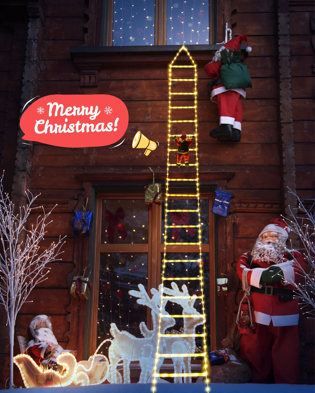 Christmas Lights Outdoor, 10Ft Christmas Decorative Ladder Lights with Santa Claus, LED Christmas Lights for Porch, Window, Xmas Tree Decorations (Warm White)