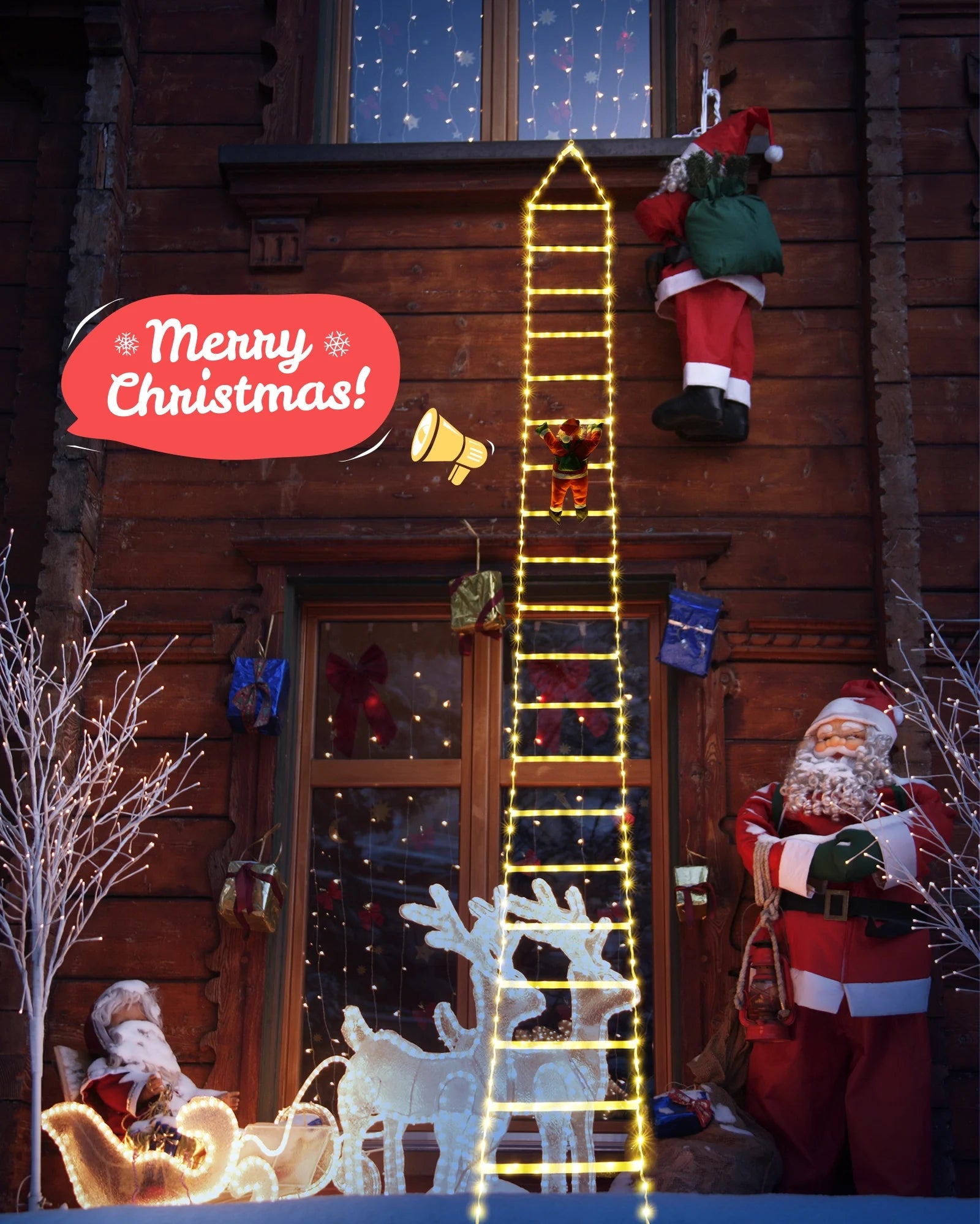 Christmas Lights Outdoor, 10Ft Christmas Decorative Ladder Lights with Santa Claus, LED Christmas Lights for Porch, Window, Xmas Tree Decorations (Warm White)