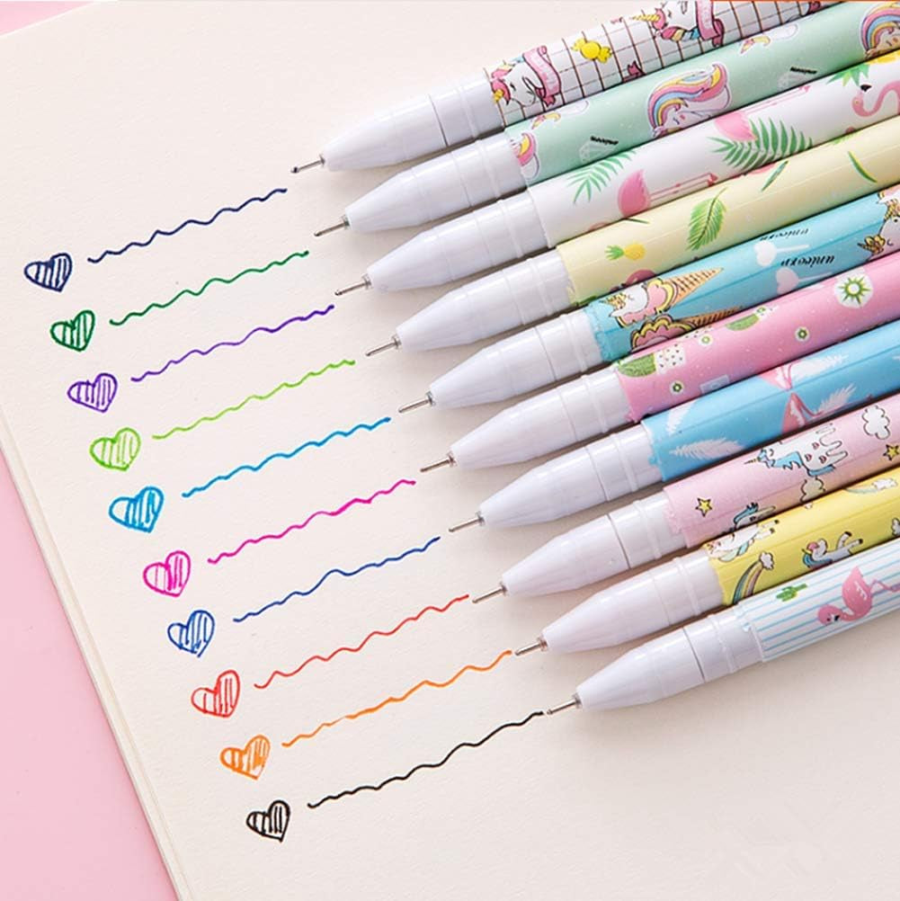 Colorful Gel Ink Pen Set for Women - 10-Piece Multicolor Roller Ball Pens Featuring Unicorn and Flamingo Designs, Ideal for Kids, Girls, Students, and Teens (0.5 mm)