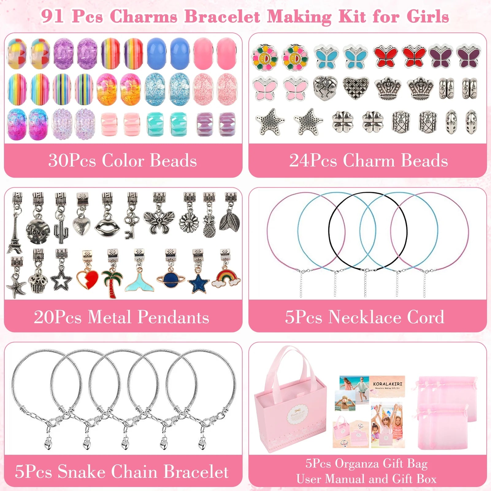 91-Piece DIY Charm Bracelet Making Kit for Kids - Includes Snake Chains & Jewelry Supplies - Perfect Arts and Crafts Gift for Girls Ages 6-12