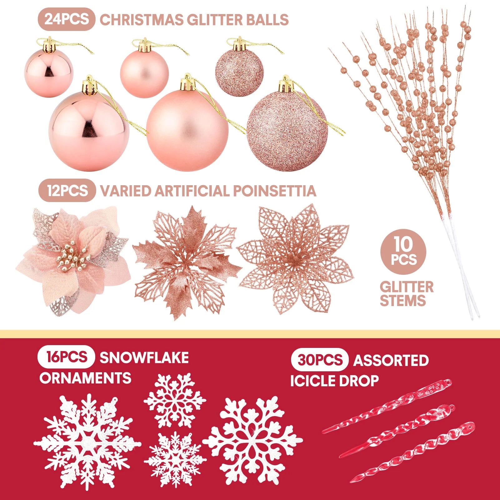 92Pcs Christmas Tree Decorations Includes Poinsettia Christmas Flowers, Ball Ornaments, Artificial Glitter Berry Stems, Snowflake and Icicle Drop Crystal Ornaments | Rose Glod