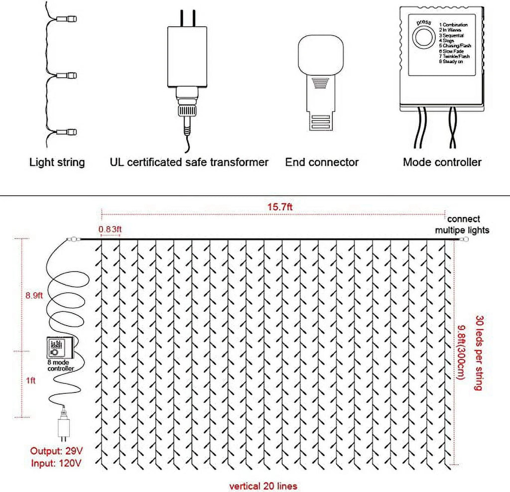 Christmas Lights, 300 LED Christmas Curtain Lights for Christmas Decoration, White, 8 Modes for Indoor Outdoor Wall & Party Décor
