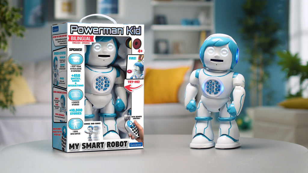 Powerman Kid - Bilingual English/Spanish Educational Robot with Dancing, Singing, and Storytelling Features - STEM Programmable Toy with Quizzes and Disc Shooting Fun for Kids - ROB90EN