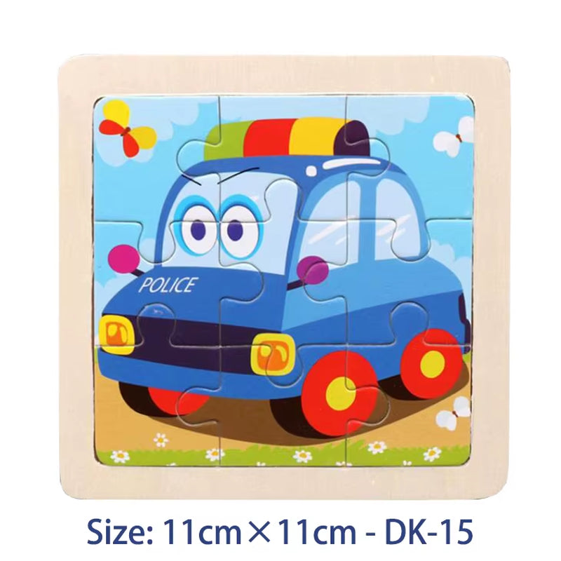 Colorful 11cm Wooden Jigsaw Puzzle for Kids - Fun Cartoon Animal & Vehicle Patterns - Montessori Educational Toy
