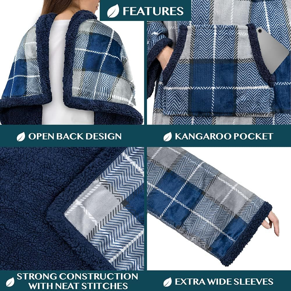 Cozy Sherpa Wearable Blanket with Sleeves & Pocket - Perfect Christmas Gift for Women & Men in Navy Blue Plaid