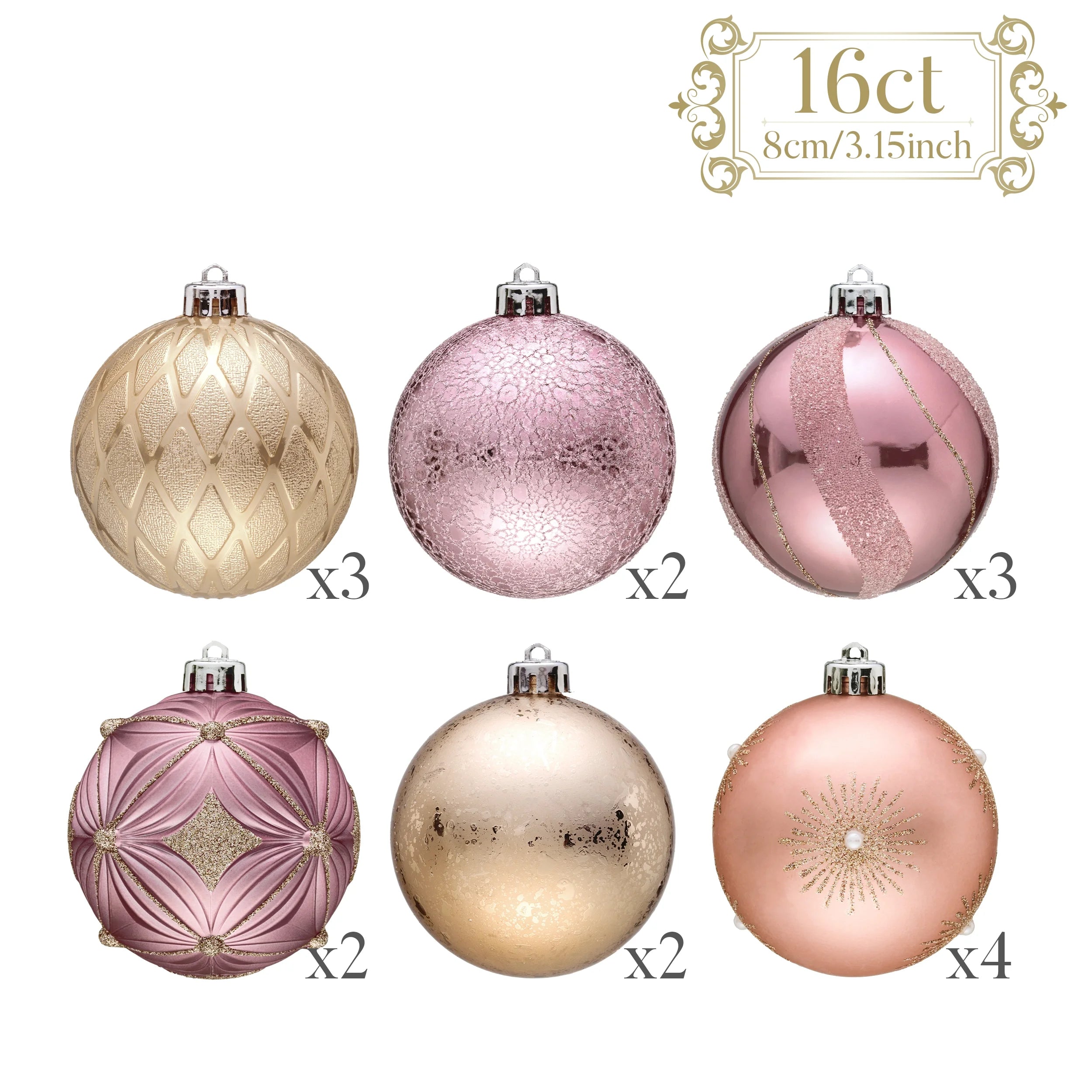 16Ct 3.15" Christmas Ornaments, Pink Gold Christmas Tree Ornaments for Holiday Party Decor