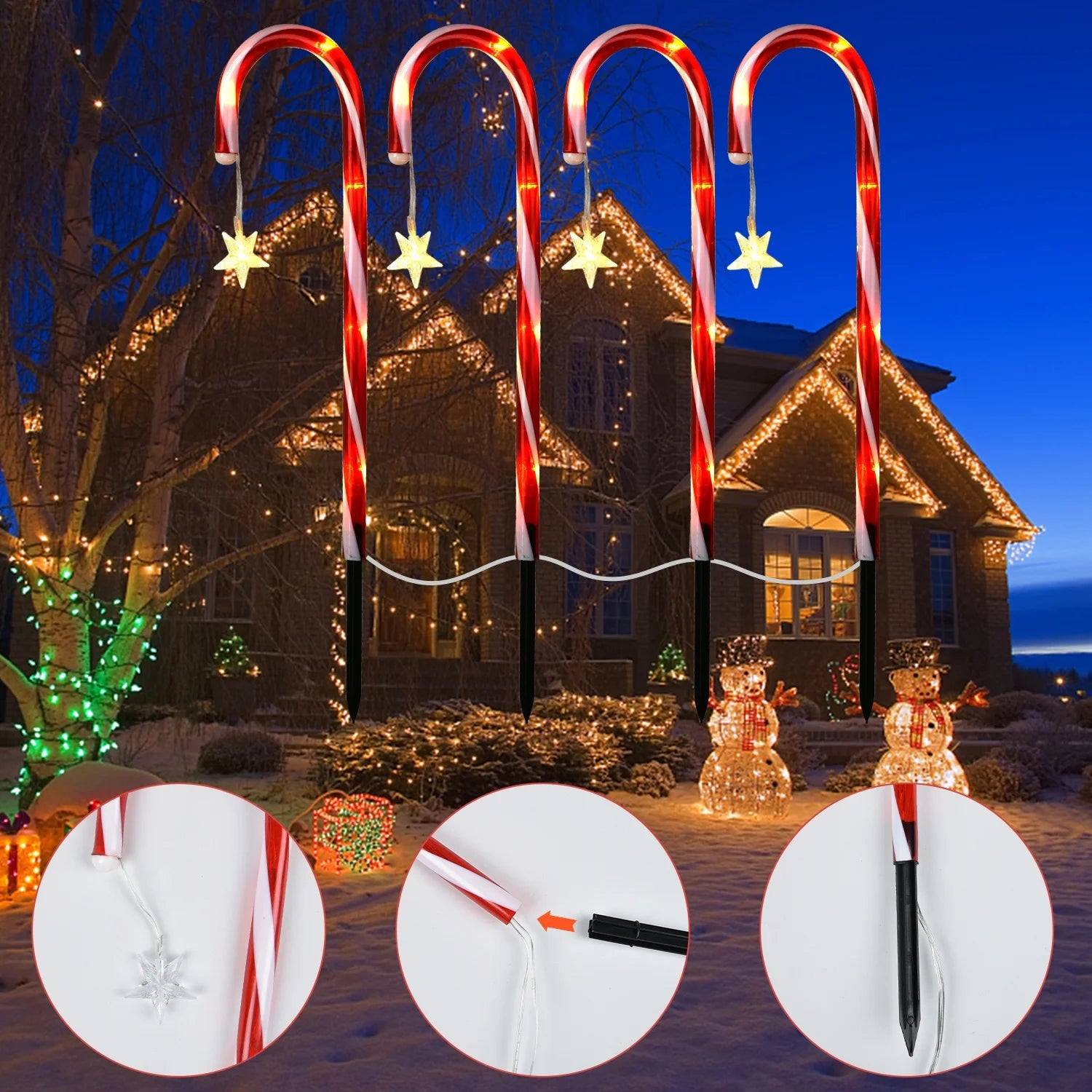 Solar Star Candy Cane Lights Stake Outdoor Christmas Decorations Set of 4, Christmas Pathway Markers Lights for Outdoor Holiday Xmas Walkway Garden Decor