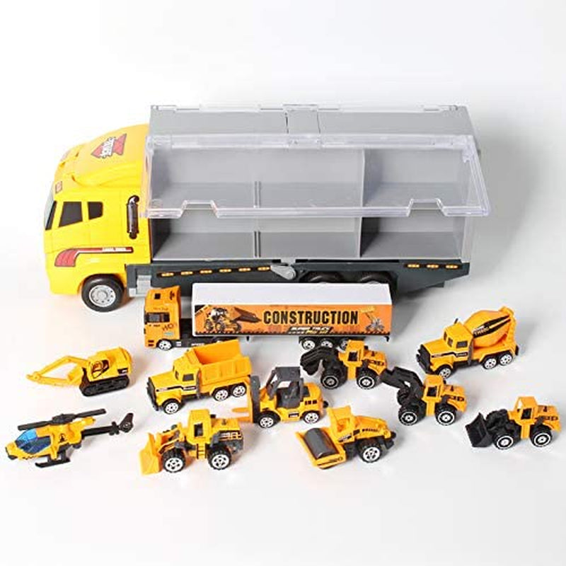 Construction Toy Truck Die-Cast Vehicle Transporter Set with Excavator, Dump Truck, Digger, and Backhoe for Children Aged 3-5 Years