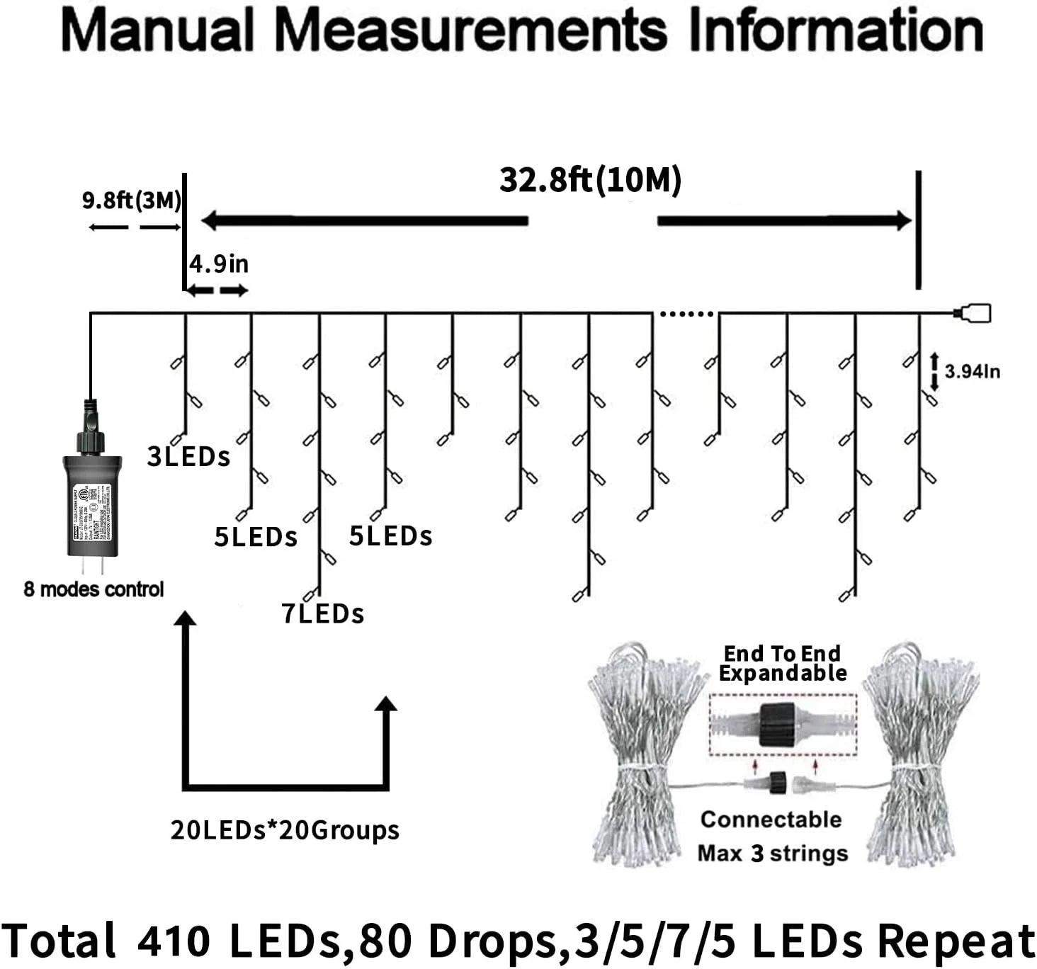 33Ft 410 LED Christmas String Lights White Fairy Lights Led Icicle Christmas Lights Plug-In for Christmas, Holiday, Wedding (Cool White)