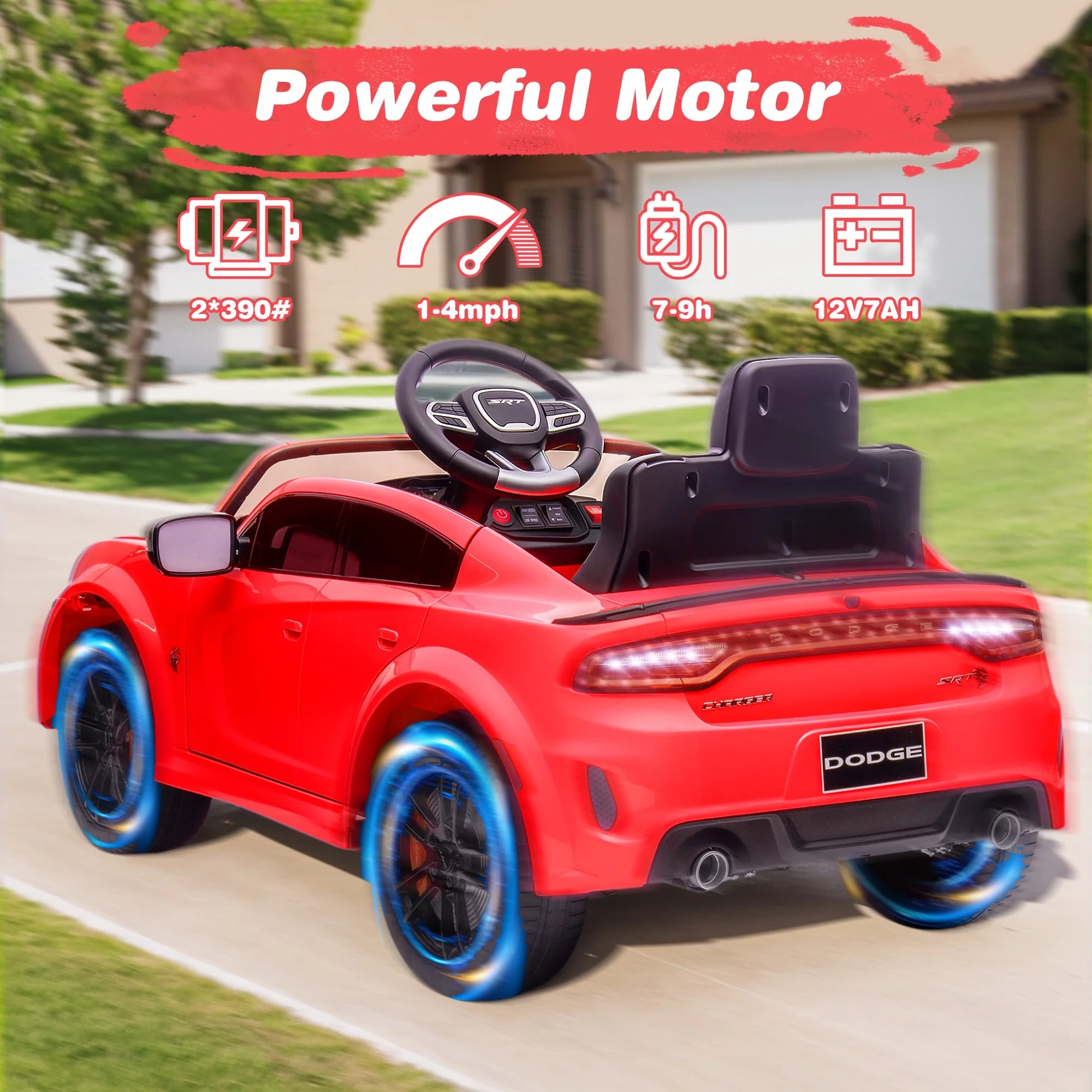 Dodge Charger SRT Hellcat 12V Electric Ride-On Car for Kids with Remote Control, Music Player & LED Lights - Perfect for Boys & Girls Ages 3-5 - Red