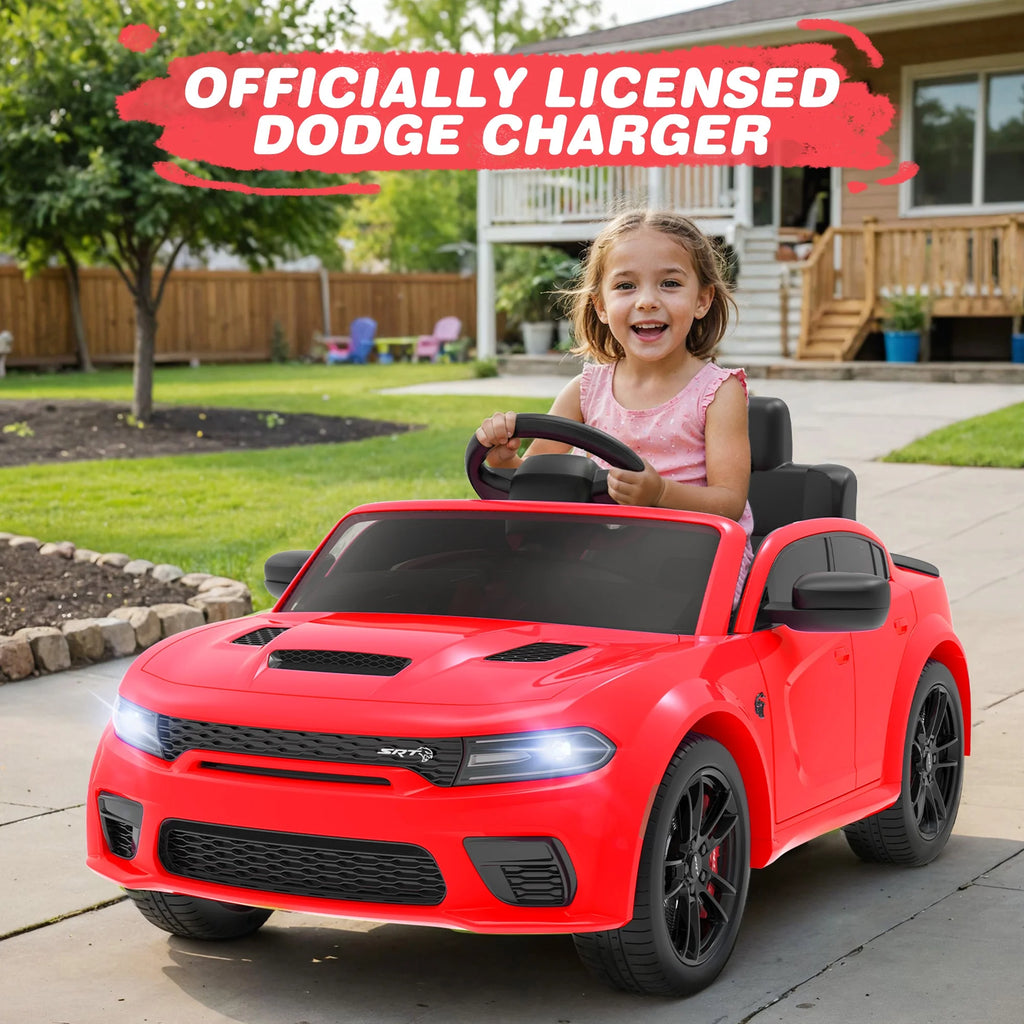 Dodge Charger SRT Hellcat 12V Electric Ride-On Car for Kids with Remote Control, Music Player & LED Lights - Perfect for Boys & Girls Ages 3-5 - Red