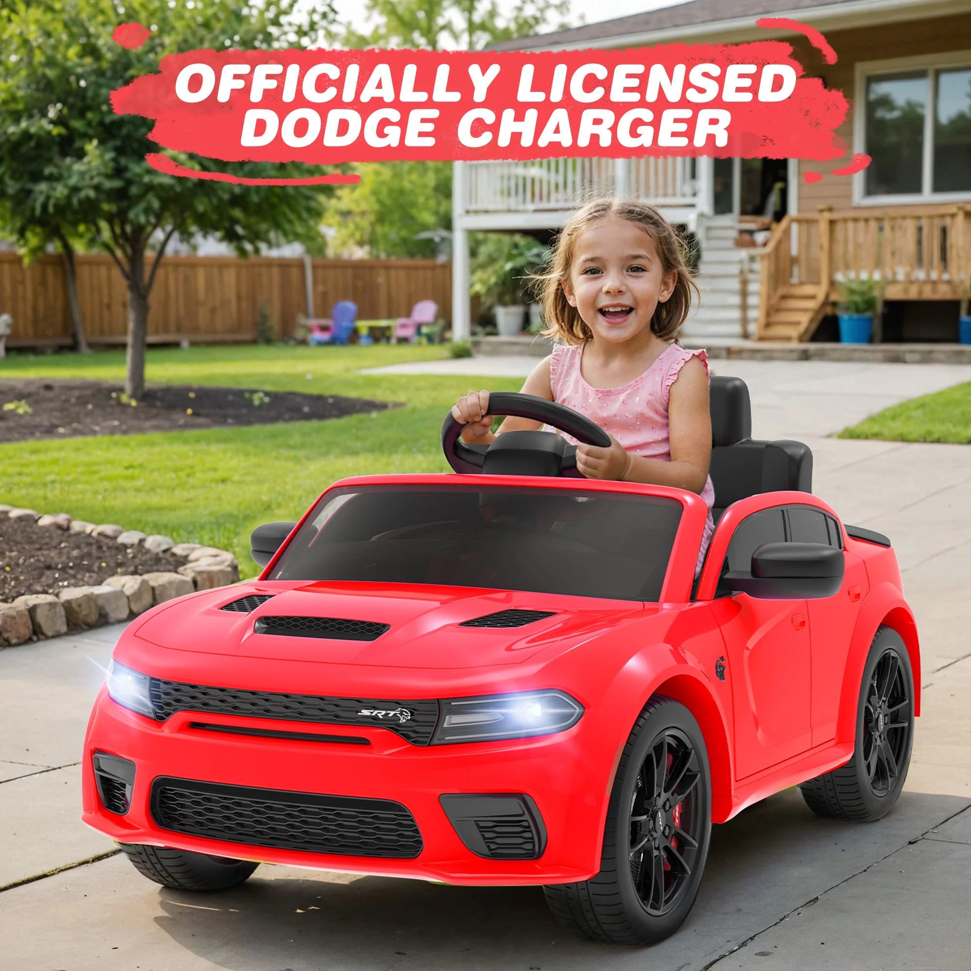 Dodge Charger SRT Hellcat 12V Electric Ride-On Car for Kids with Remote Control, Music Player & LED Lights - Perfect for Boys & Girls Ages 3-5 - Red