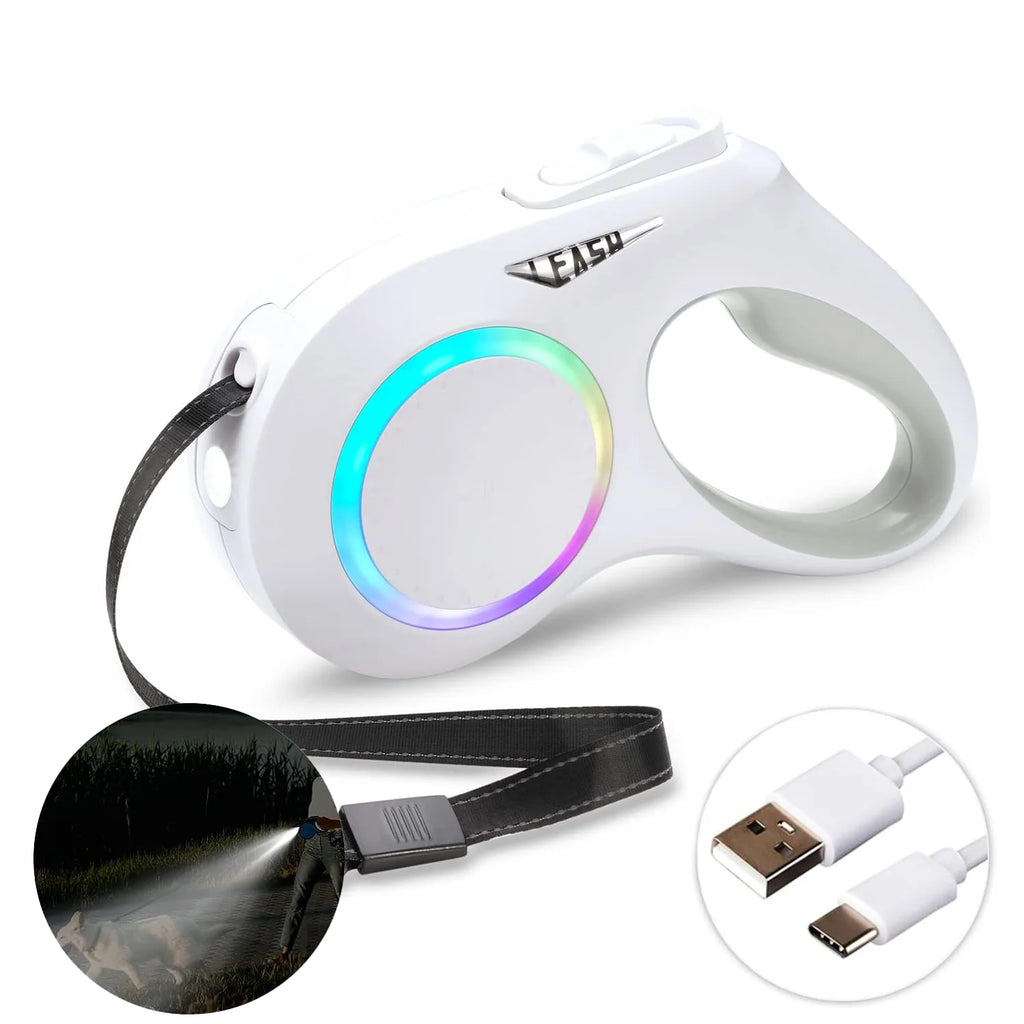 Illuminate Your Night Walks: 16FT Rechargeable LED Dog Leash with Tangle-Free Design & Ergonomic Handle for Small to Medium Dogs up to 55Lbs (White)