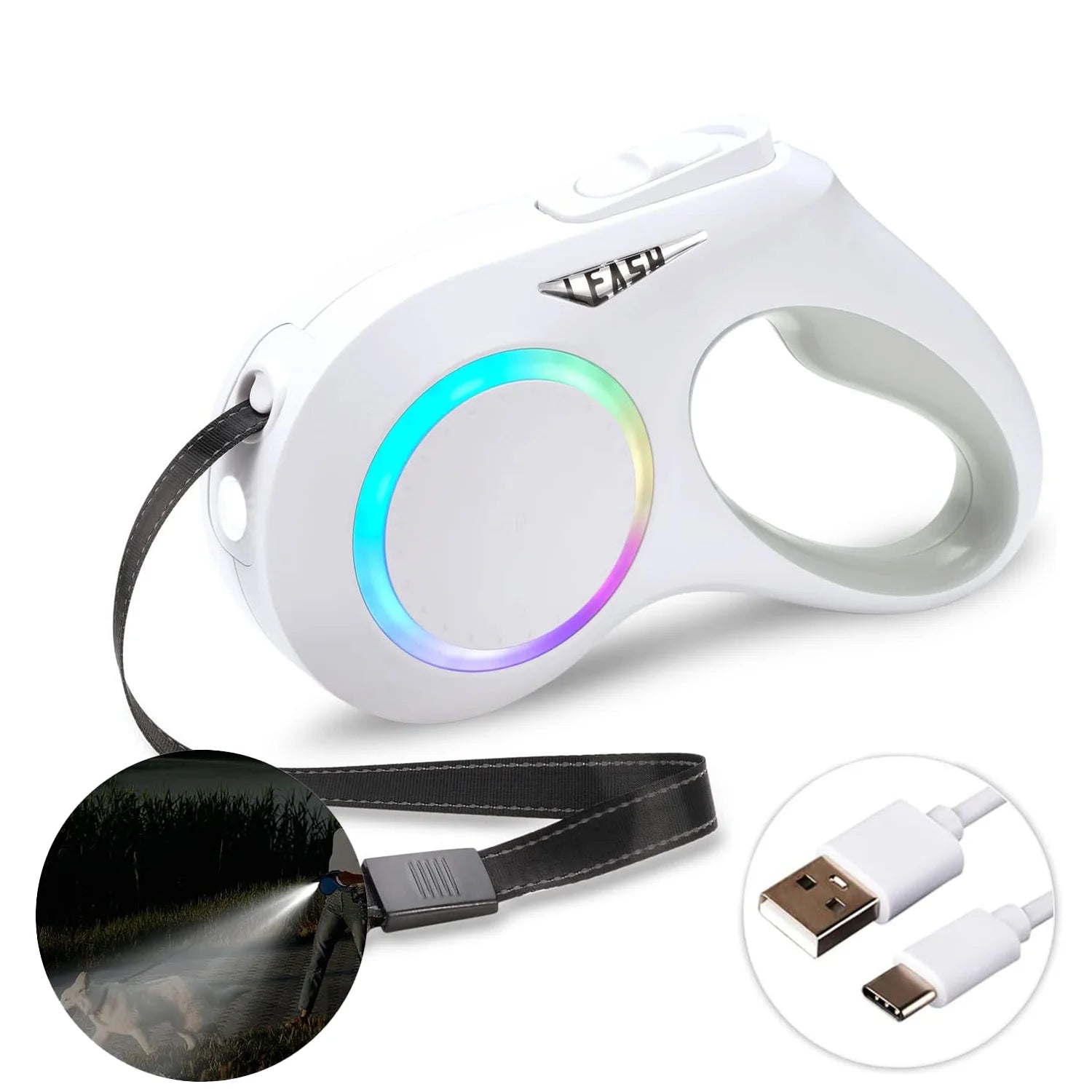 Illuminate Your Night Walks: 16FT Rechargeable LED Dog Leash with Tangle-Free Design & Ergonomic Handle for Small to Medium Dogs up to 55Lbs (White)