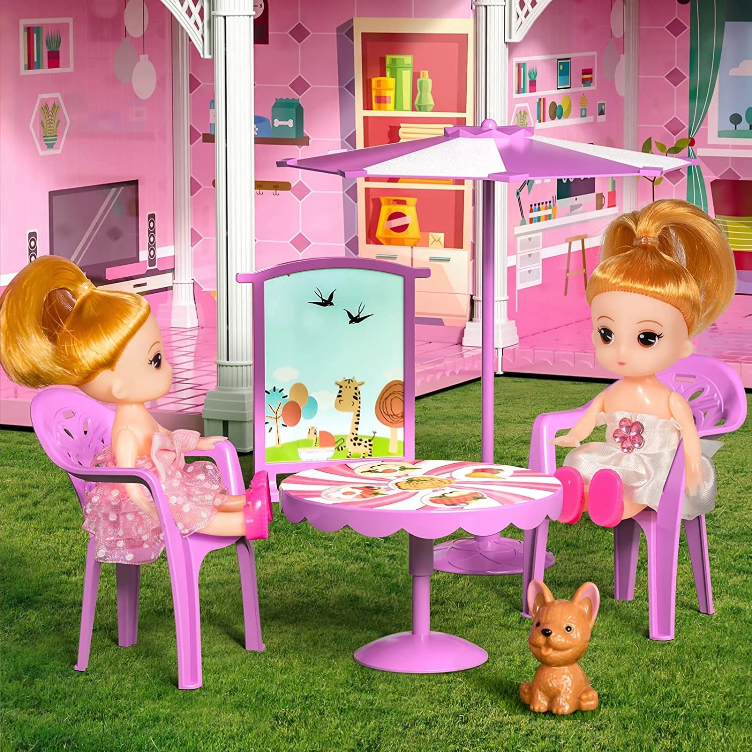 Luxurious 24.8'' Three-Story Dollhouse Set with Slide - 7 Rooms, 2 Dolls, 4 Puppies & Furniture Accessories - Perfect Pink Gift for Girls Ages 3+