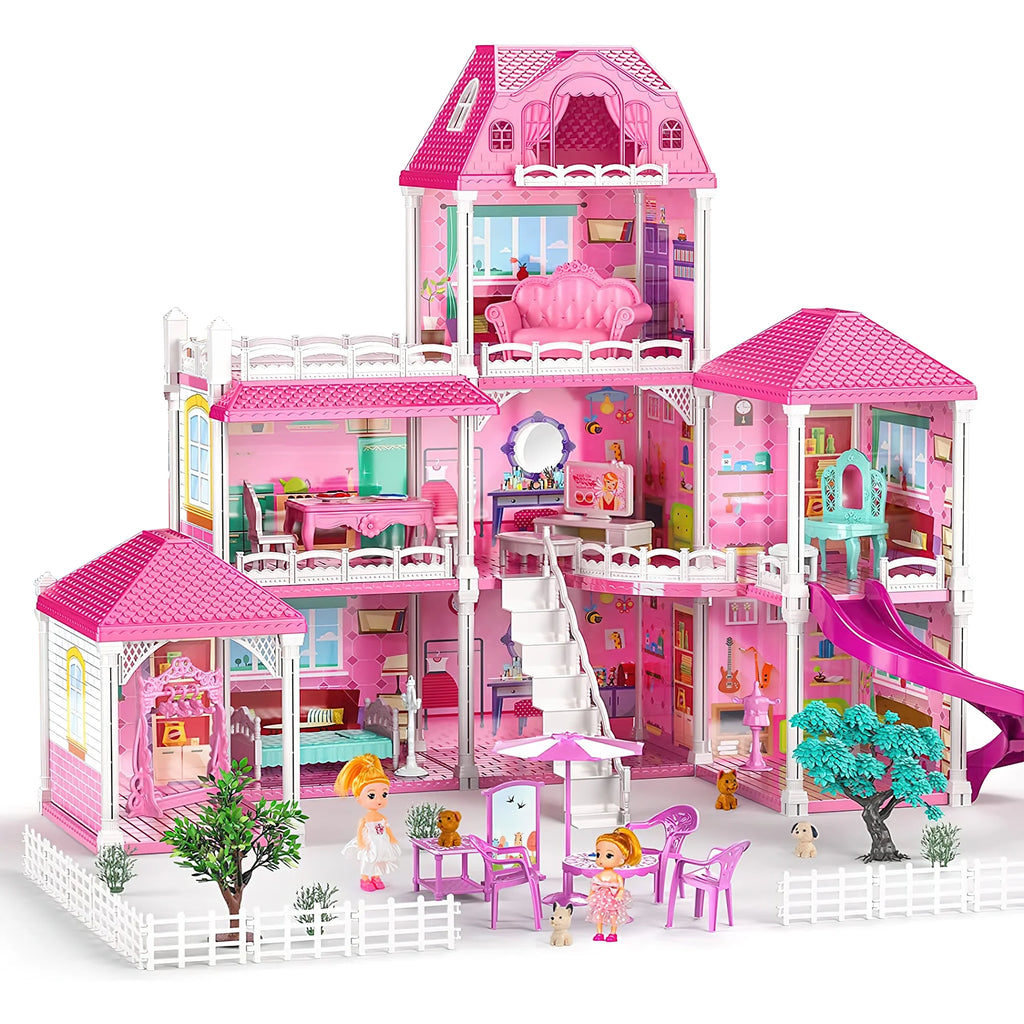 Luxurious 24.8'' Three-Story Dollhouse Set with Slide - 7 Rooms, 2 Dolls, 4 Puppies & Furniture Accessories - Perfect Pink Gift for Girls Ages 3+
