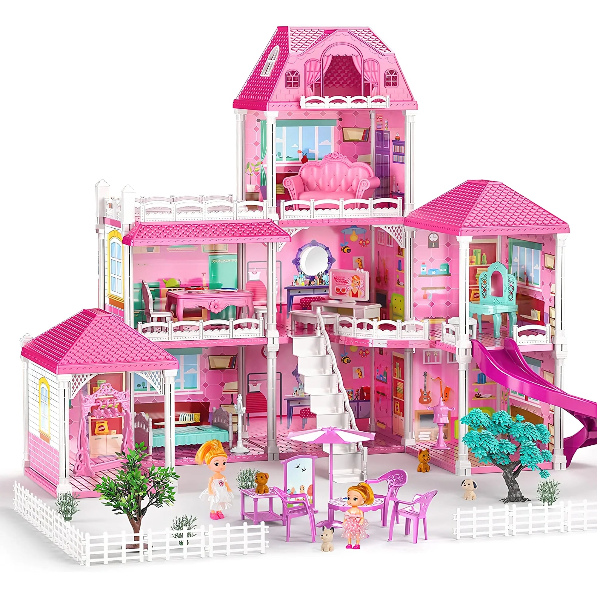 Luxurious 24.8'' Three-Story Dollhouse Set with Slide - 7 Rooms, 2 Dolls, 4 Puppies & Furniture Accessories - Perfect Pink Gift for Girls Ages 3+
