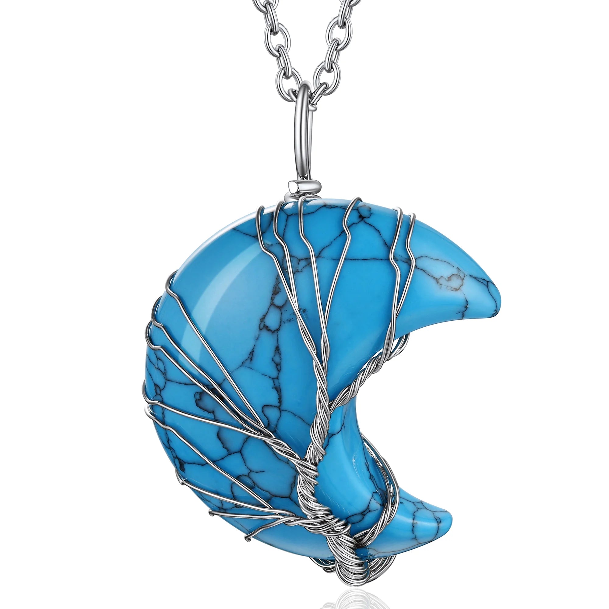Stunning December Birthstone Necklace - Tree of Life Crescent Moon Pendant with Synthetic Blue Turquoise Healing Crystal for Women and Girls
