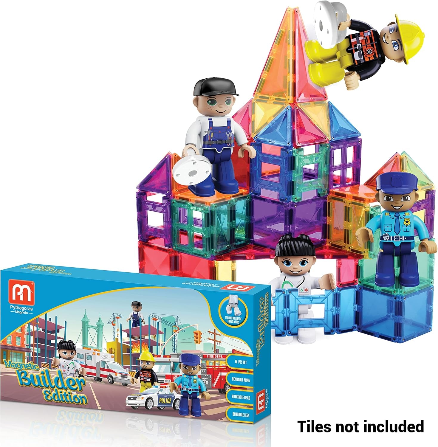 Magnetic Figures Set of 4 Toddlers Community Action Toy People, Magnetic Tiles Expansion Pack for Boys and Girls Nurse, Builder, Fireman, Police Educational Stem Toys Add on Sets for Magnetic Block