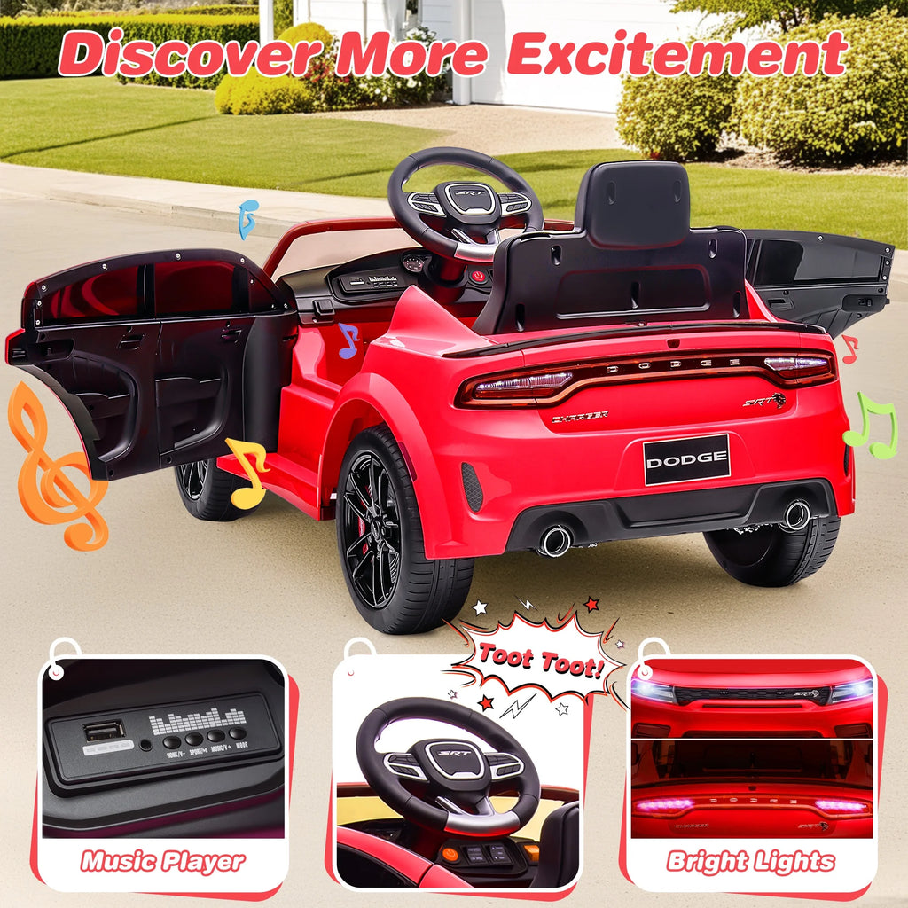 Dodge Charger SRT Hellcat 12V Electric Ride-On Car for Kids with Remote Control, Music Player & LED Lights - Perfect for Boys & Girls Ages 3-5 - Red