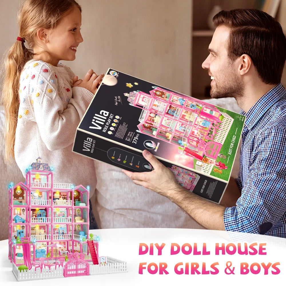 5-Story Dollhouse Playset for Girls with LED Lights, 19 Rooms, 2 Dolls, Furniture, and Accessories - Ideal Gift for Kids, Pink