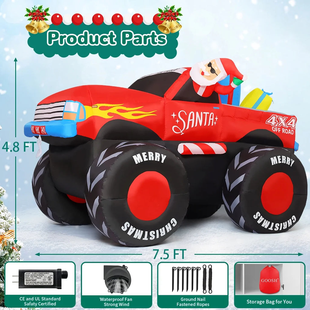7.5 FT Long Christmas Inflatables Santa Claus on Truck with Presents, Monster Truck Inflatable Christmas Decorations with LED Lights, Outdoor Christmas Decorations Clearance for Xmas Holiday