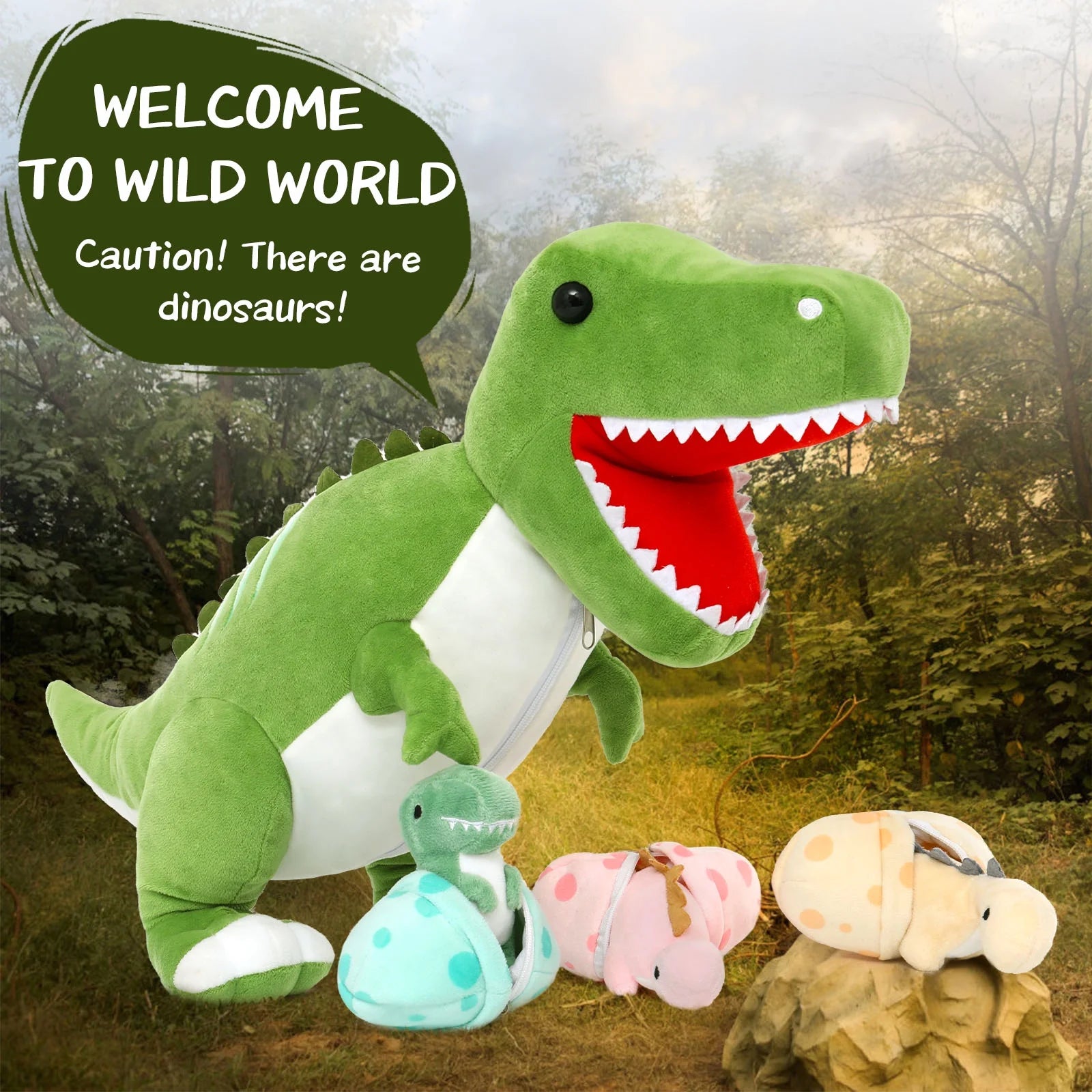 Cuddly  23.6" Mommy Dinosaur Plush with 3 Adorable Baby Dinosaurs