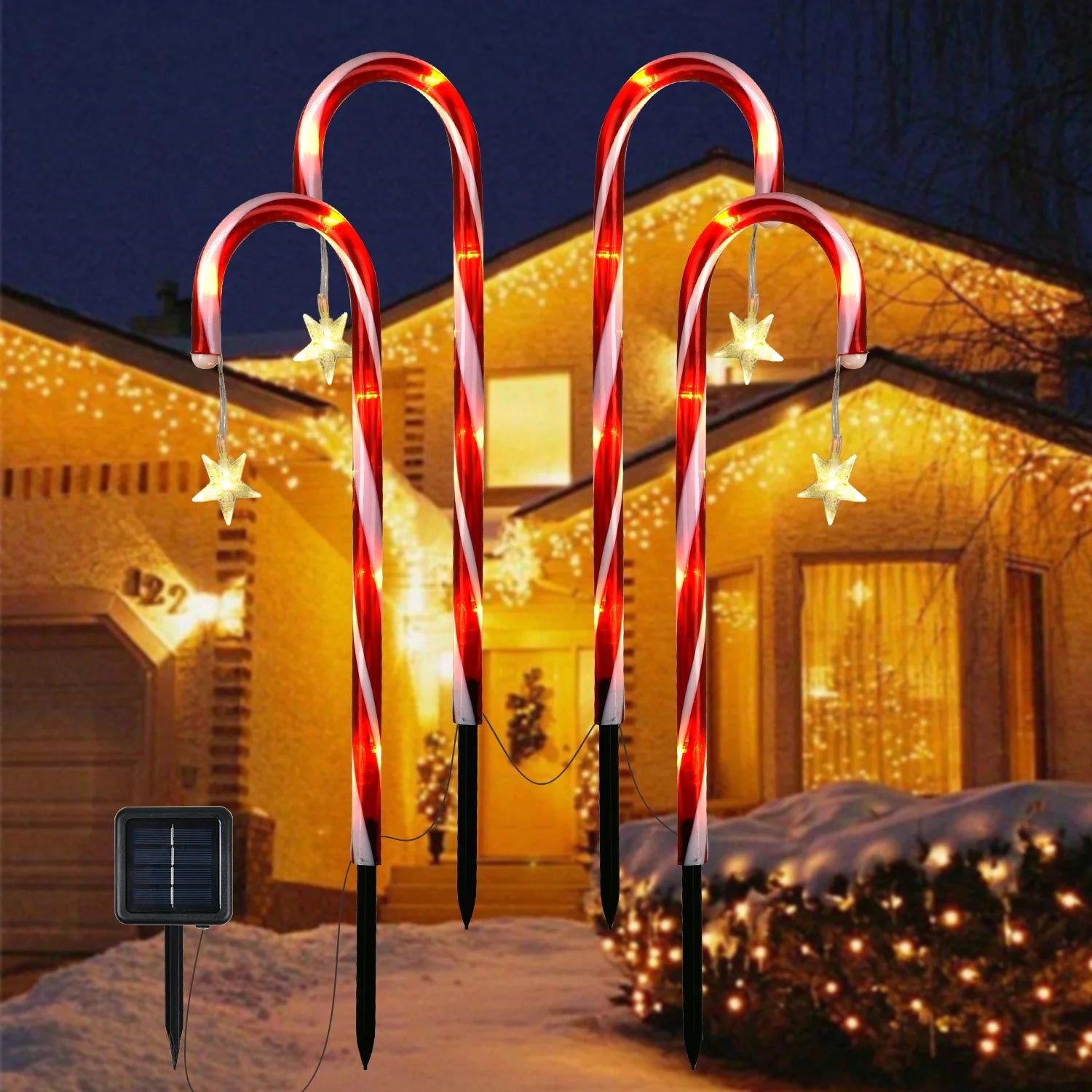 Solar Star Candy Cane Lights Stake Outdoor Christmas Decorations Set of 4, Christmas Pathway Markers Lights for Outdoor Holiday Xmas Walkway Garden Decor