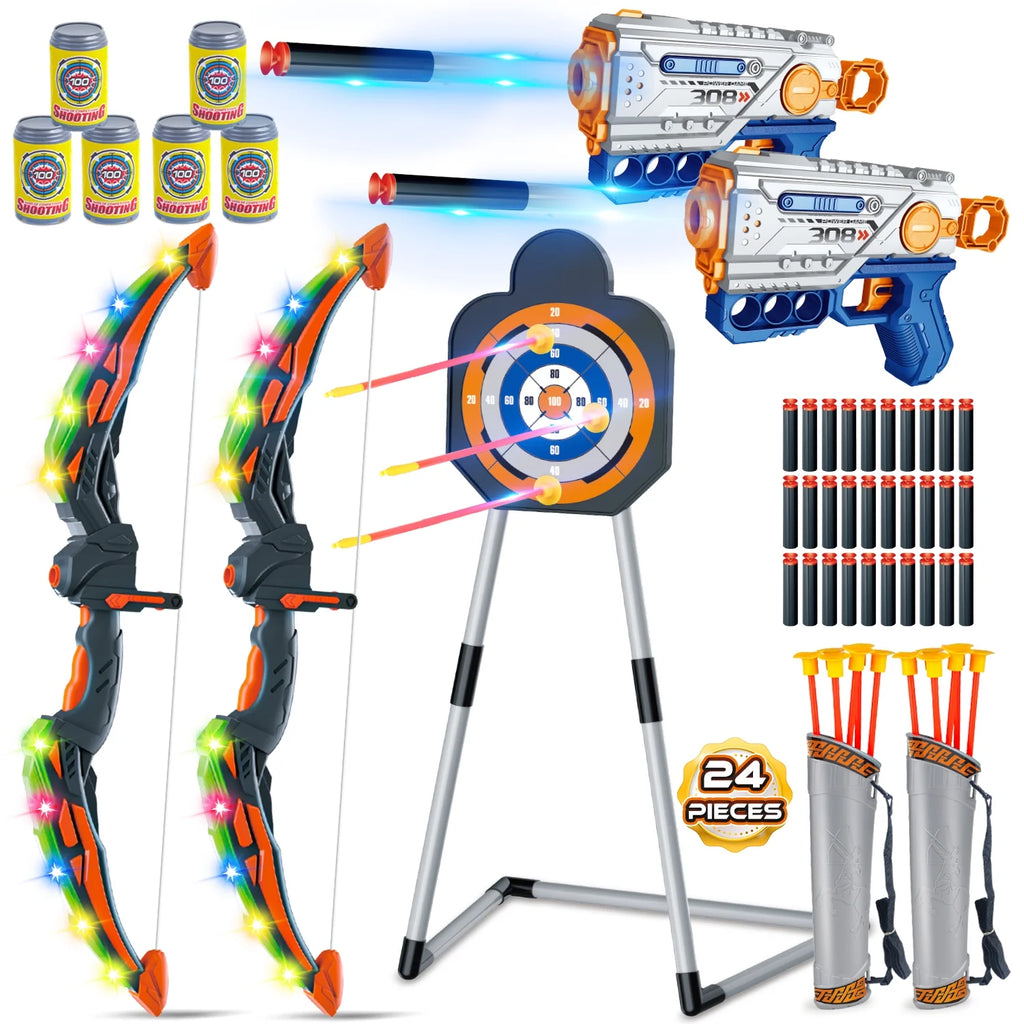 Ultimate Light-Up Bow and Arrow Set for Kids - 2 Pack with 24 Suction Cup Arrows & Target - Perfect Birthday Gift for Boys Aged 6-12!