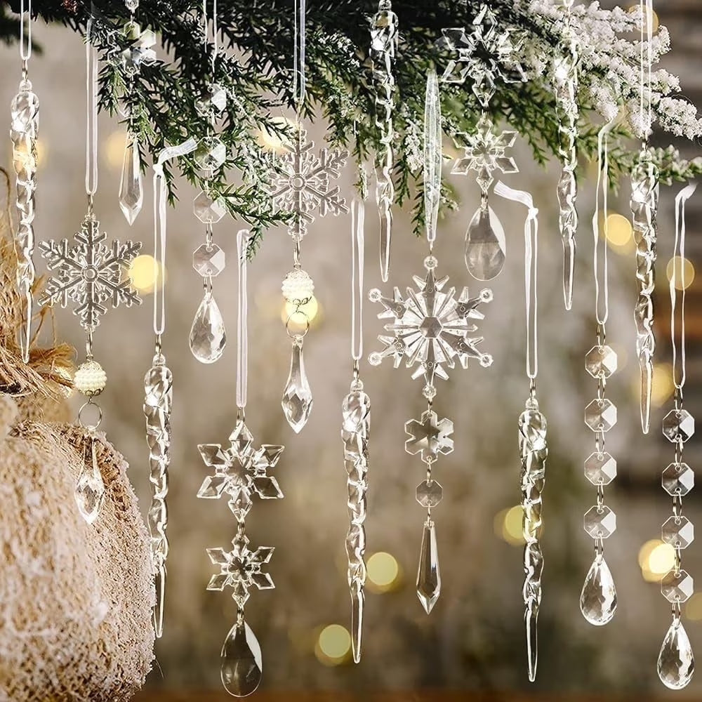 Guasslee Christmas Tree Decoration Crystal Ornaments - 32Pcs Acrylic Christmas Ornaments Snowflake Icicle Drop Crystal Hanging Ornaments for Xmas Christmas Tree Winter Holiday Frozen Decorations