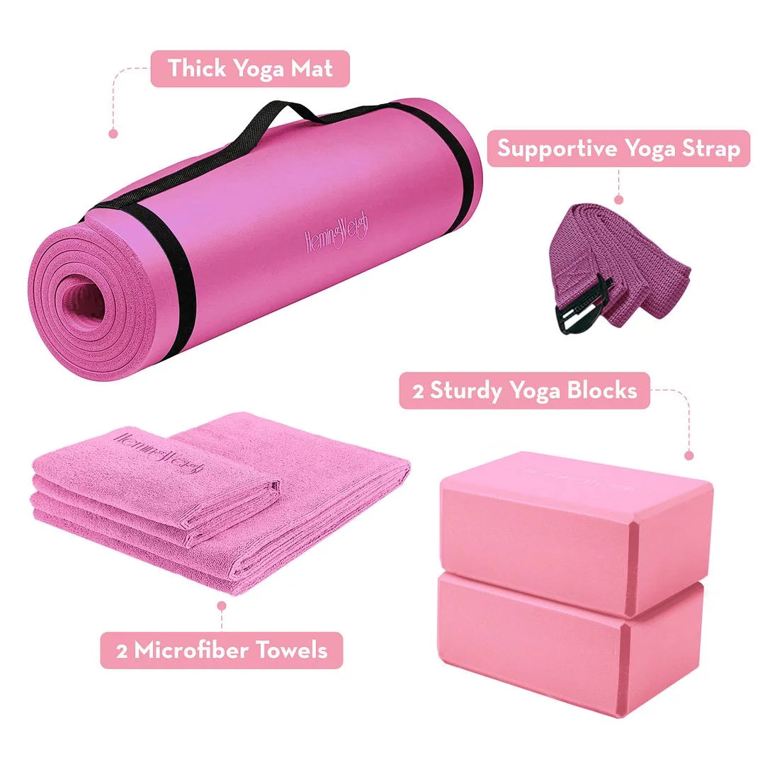 72" Non-Slip Yoga Mat Set with Blocks, Strap, and Towels - Stylish Pink Design