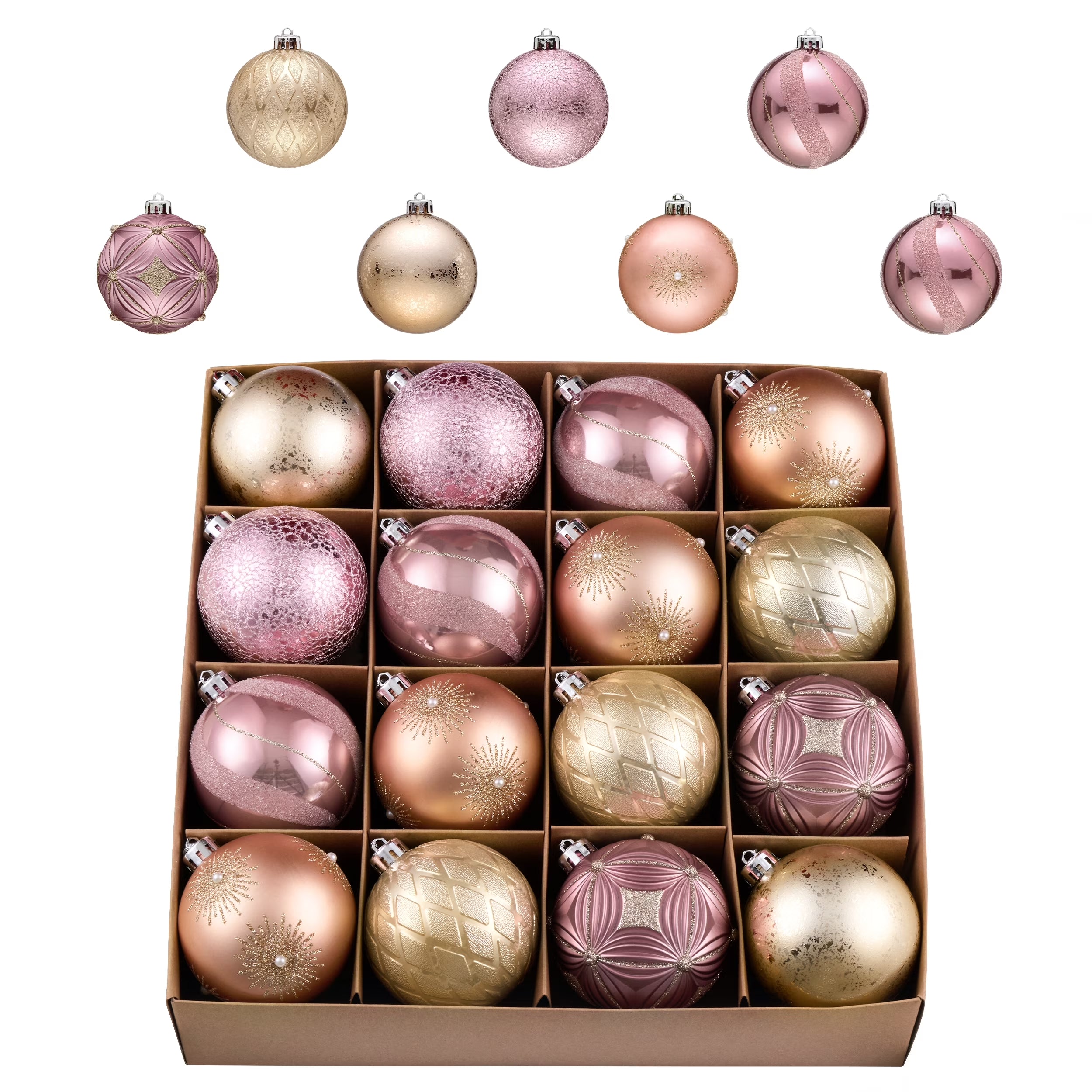16Ct 3.15" Christmas Ornaments, Pink Gold Christmas Tree Ornaments for Holiday Party Decor