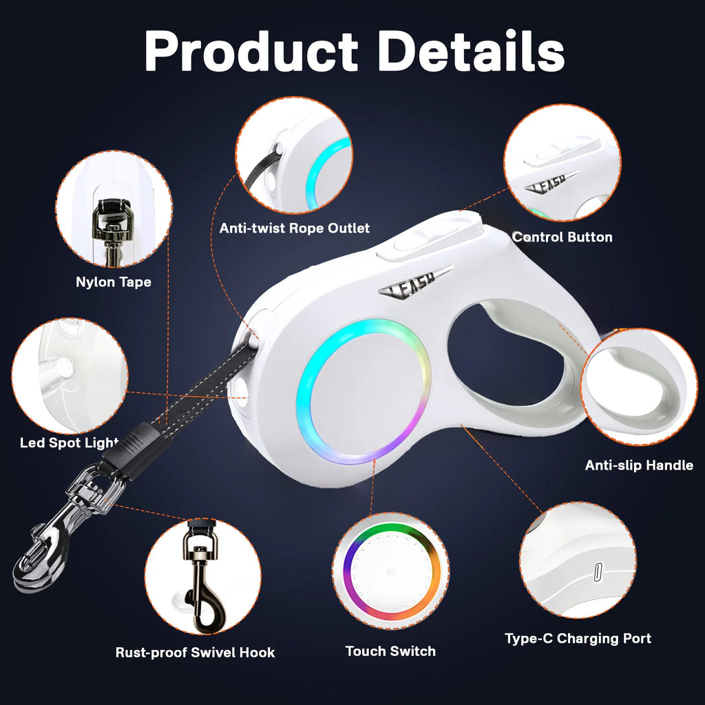 Illuminate Your Night Walks: 16FT Rechargeable LED Dog Leash with Tangle-Free Design & Ergonomic Handle for Small to Medium Dogs up to 55Lbs (White)